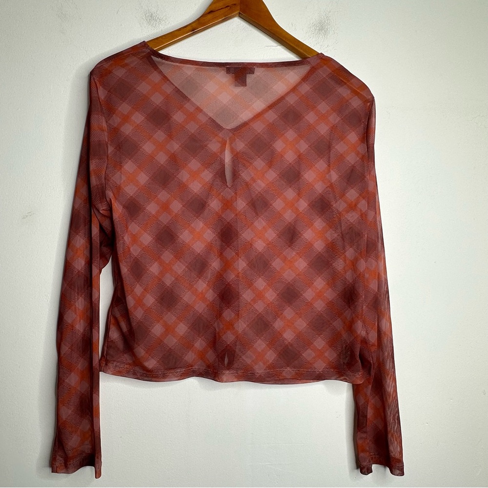 Nasty Gal Check Print Long Sleeve Mesh Top Size 10 - Picture 5 of 9